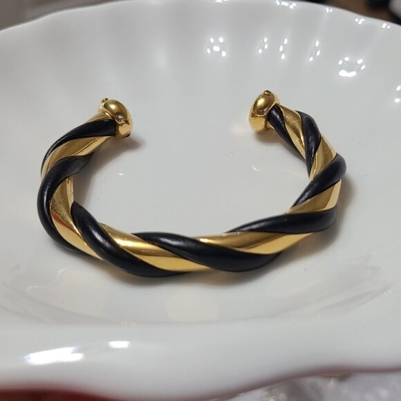 Vintage Luxury Hermes Torsade Gold Black Leather Twist Bangle Open Cuff Bracelet - Picture 4 of 10